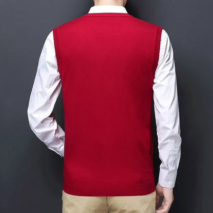 New Men's Autumn High-end Sweater Vest V-neck Warm Knit Sleeveless Men's Clothes Pullover Tops