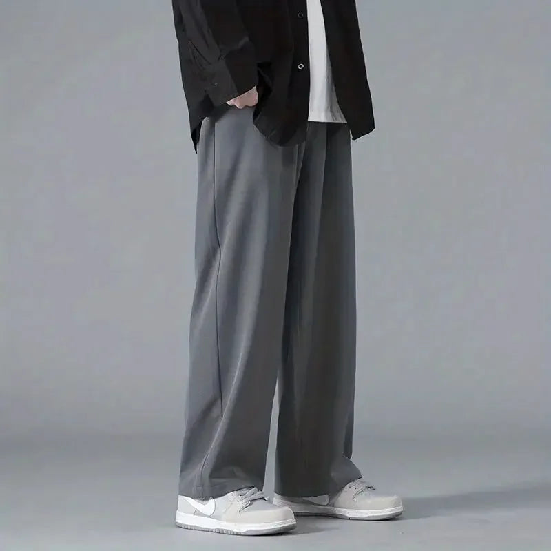 2025 Spring New Solid Color Straight Pants Man Elastic Waist Loose Casual Harajuku Trousers Japanese Style Thin Style Clothes