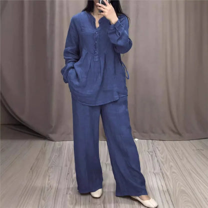 Autumn Fashion Cotton Linen Long Sleeve Half Open Shirt For Women's Suit Casual Pleated Elegant Female Wide Leg Pants 2piece Set
