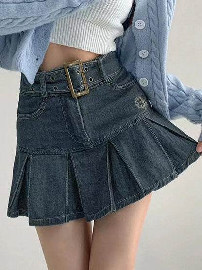 Embroider denim skirt women's clothing spring and summer retro pleated skirt empire look slimmer mini skirt