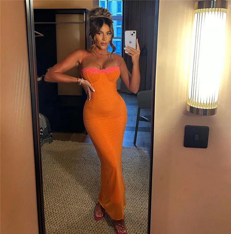 Mozision Lace Spaghetti Strap Bodycon Maxi Dress Women Robe New Patchwork Strapless Sleeveless Backless Sexy Club Party Dress