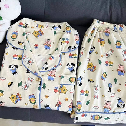 Plus Size Ins Cartoon Pajamas Set Korean Student Summer Internet Celebrity Girl Short Sleeve Shorts Thin Loose Home wear