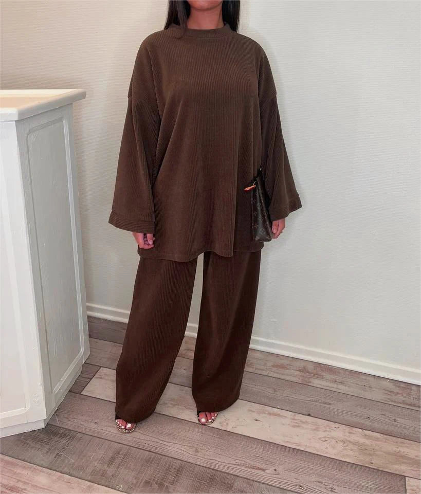 Spring Autumn Solid Color Corduroy Pants Sets Women Loose Long Sleeve Wide Legs Trousers Two Piece Set Female Commuting Clothing