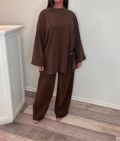 Spring Autumn Solid Color Corduroy Pants Sets Women Loose Long Sleeve Wide Legs Trousers Two Piece Set Female Commuting Clothing