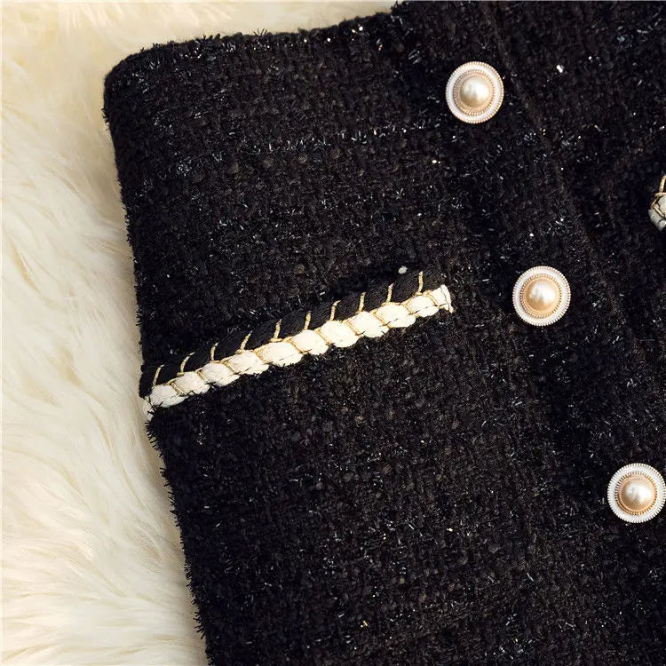 Black White Tweed Long Skirts Women Autumn Winter New Bright Silk Skirt Female Vintage High Waist A-line Wrap Skirt Office Lady