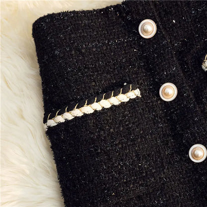 Black White Tweed Long Skirts Women Autumn Winter New Bright Silk Skirt Female Vintage High Waist A-line Wrap Skirt Office Lady