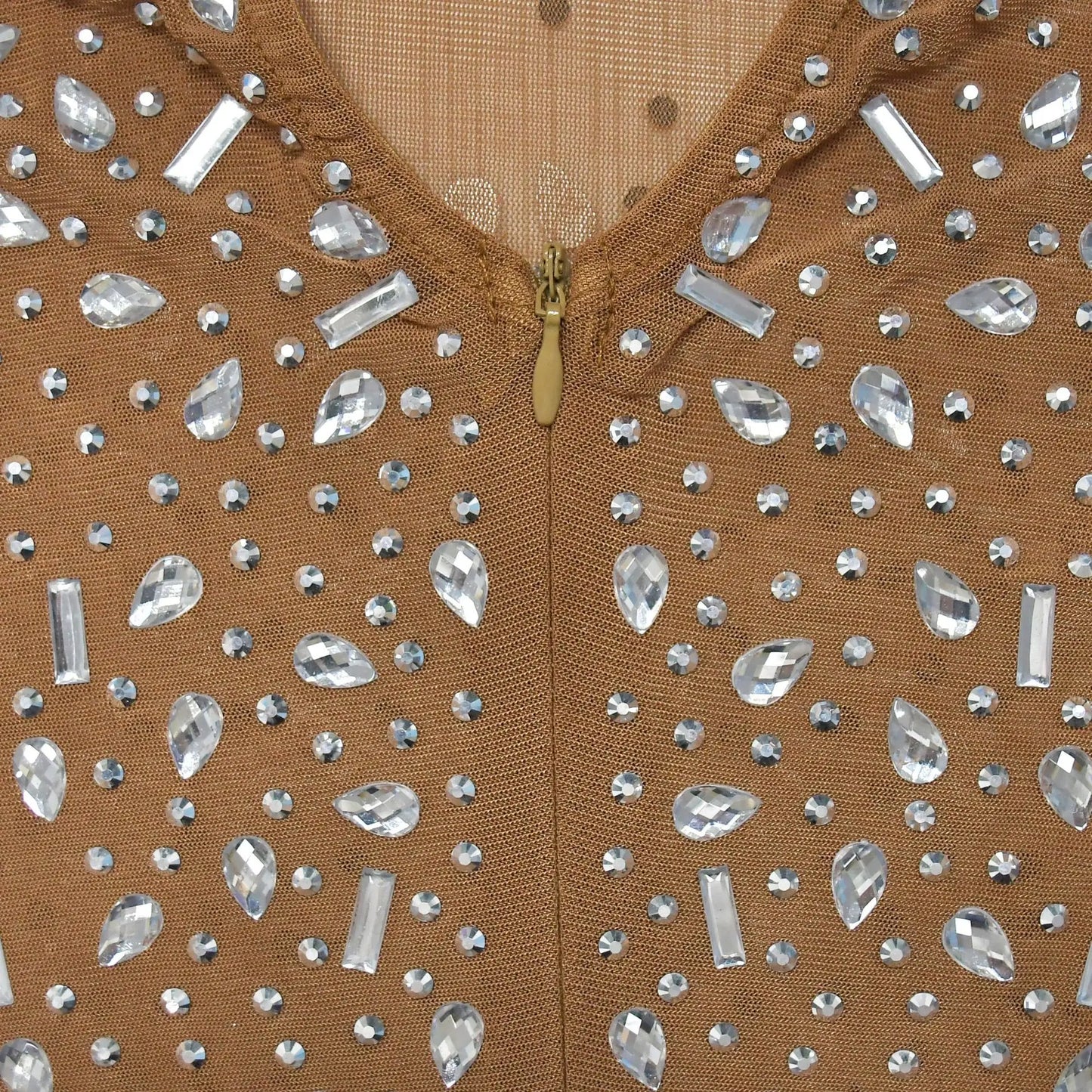 Women Sexy See Through Sheer Mesh Rhinestone Décor Long Sleeve Maxi Party Dress