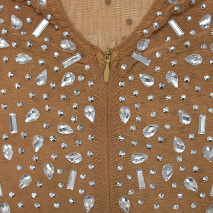 Women Sexy See Through Sheer Mesh Rhinestone Décor Long Sleeve Maxi Party Dress