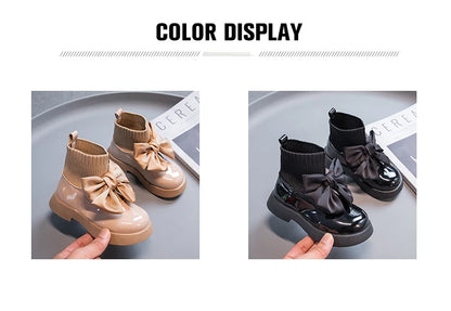 Children's Boots Fashion PU Solid Black Bow Girls Uniform 2025 Spring and Autumn New Kids Fashion Flying Knit School Socks Shoes