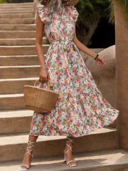 Elegant Floral Prints Dresses For Summer Women Dress 2025 New O-neck Short Flying Sleeves Lace Up High Waisted Midi Dress Woman