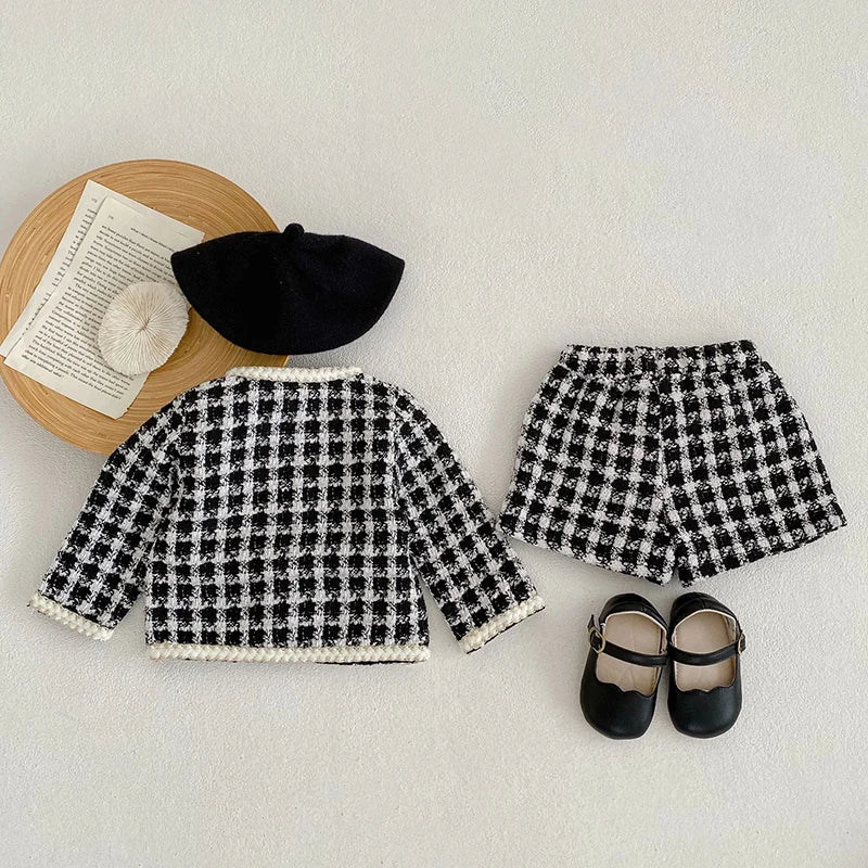 Autumn Winter Korean Style Newborn Baby Girls Clothing Set Long Sleeved Plaid Cardigan Coat+ Shorts 0-3Yrs Children Clothes Suit