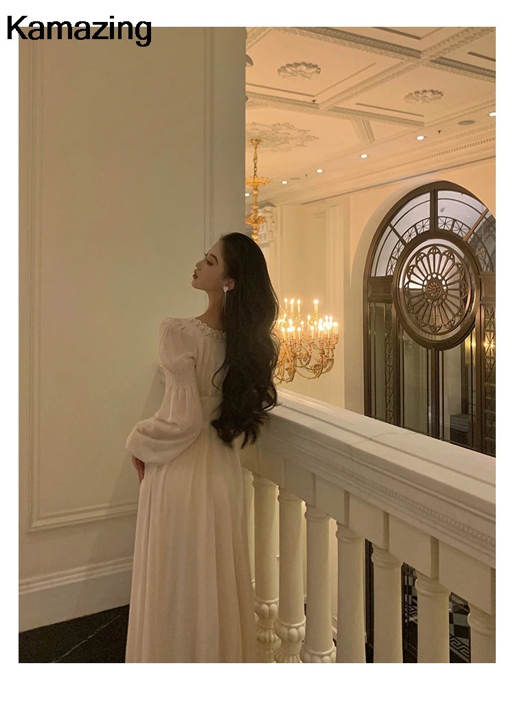 Elegant Square Collar Lace Dress Princess Evening Party Midi Dresses Women Autumn High Waist A-line Prom Robe One Piece Vestidos