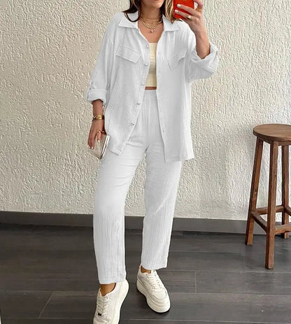 Summer outfits for women 2025 New Loose Button Long Sleeve Shirt and Cropped Pants Casual Sports Summer women's suit Pants Set