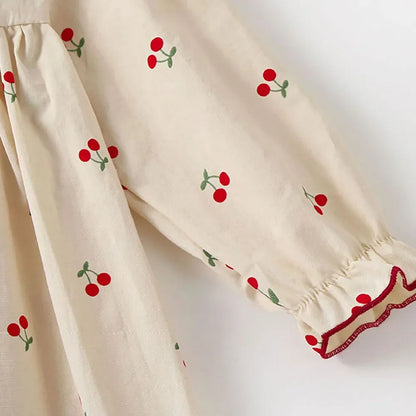 0-2Y Baby Girls Clothes Full Of Cherry Print Baby Dress Long Sleeve Cherry Dresses Ranched Dress with Hat