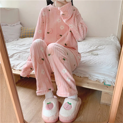 Flannel Long sleeve cartoon sleepwear suit Cozy Thick Warm Cartoon Sleepwear Suit Stylish Women's pajamas set for Autumn Winter