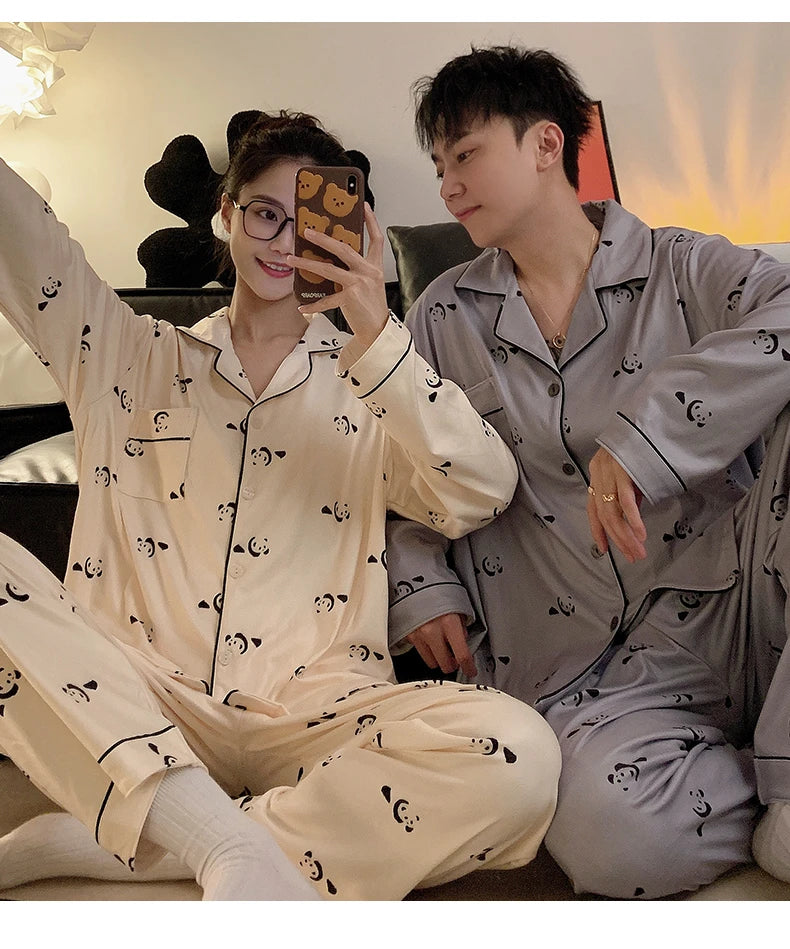 Pajama Women Pajama Man Set Cotton Plus Size Spring Autumn Long-sleeved Korean Cardigan Casual V-neck Nightwear Couple Pyjama