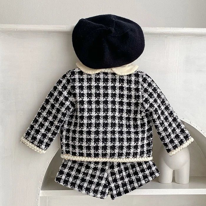 Autumn Winter Korean Style Newborn Baby Girls Clothing Set Long Sleeved Plaid Cardigan Coat+ Shorts 0-3Yrs Children Clothes Suit