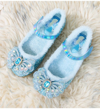 Disney Autumn Fashion Pearl Bow Rhinestone Frozen Elsa Princess Girl Shoes Flat Kids Princess Warm Winter Shoes Size 23-36