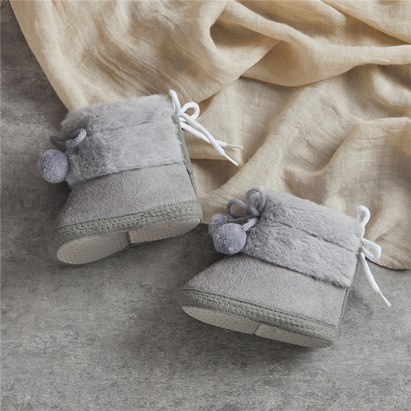 Suefunskry Toddler Baby Girls Boys Boots Winter Warm Soft Sole Fluffy Lace up Boots Cute Plush Pom Decoration Non Slip Shoes