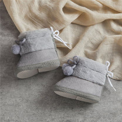 Suefunskry Toddler Baby Girls Boys Boots Winter Warm Soft Sole Fluffy Lace up Boots Cute Plush Pom Decoration Non Slip Shoes