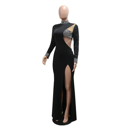 Women Sexy Rhinestone Floor Length High Slit Mermaid Party Dress