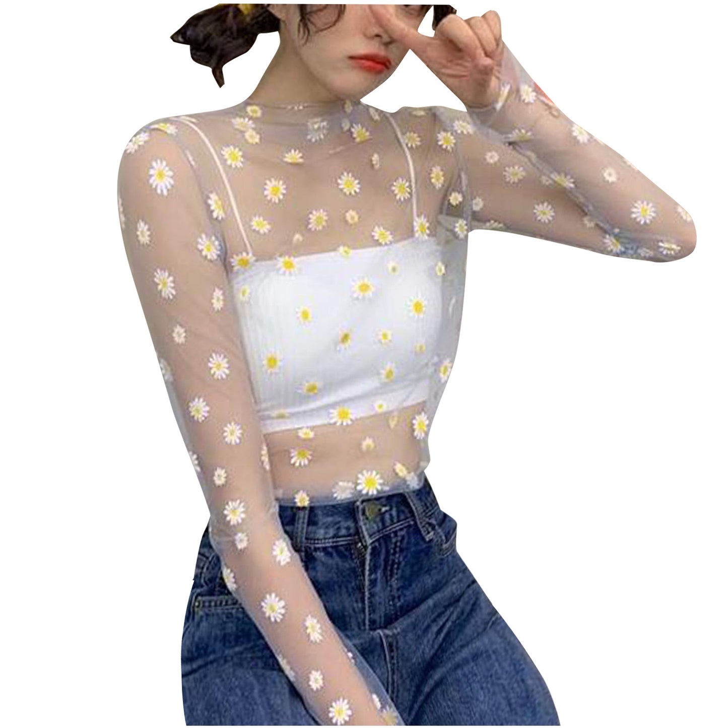 Women Daisy Print Lace Sheer Tops Sexy Tees Long Sleeve Thin Mesh Shirts Fashion Ladies Top 2025 Summer Sunscreen Blouse