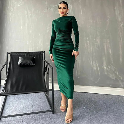 BWQ 2025 Spring Summer Velvet Long Sleeve Midi Dress For Women Ruched Long Dress Elegant Party Clothes Evening Green Outfits