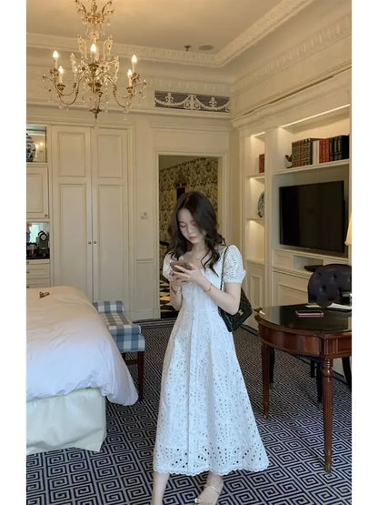 Summer Elegant Korean Chic White Midi Dress Women French Hollow Out Sexy Kawaii Vestidos De Fiesta Fashion Short Sleeve Dress