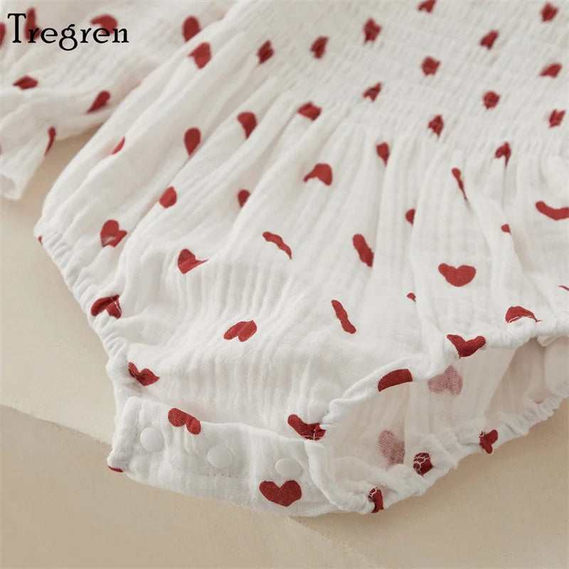 Tregren Infant Baby Girls Valentine's Day Romper Heart Print Long Sleeve Boat Neck Jumpsuits Spring Fall Bodysuits with Headband