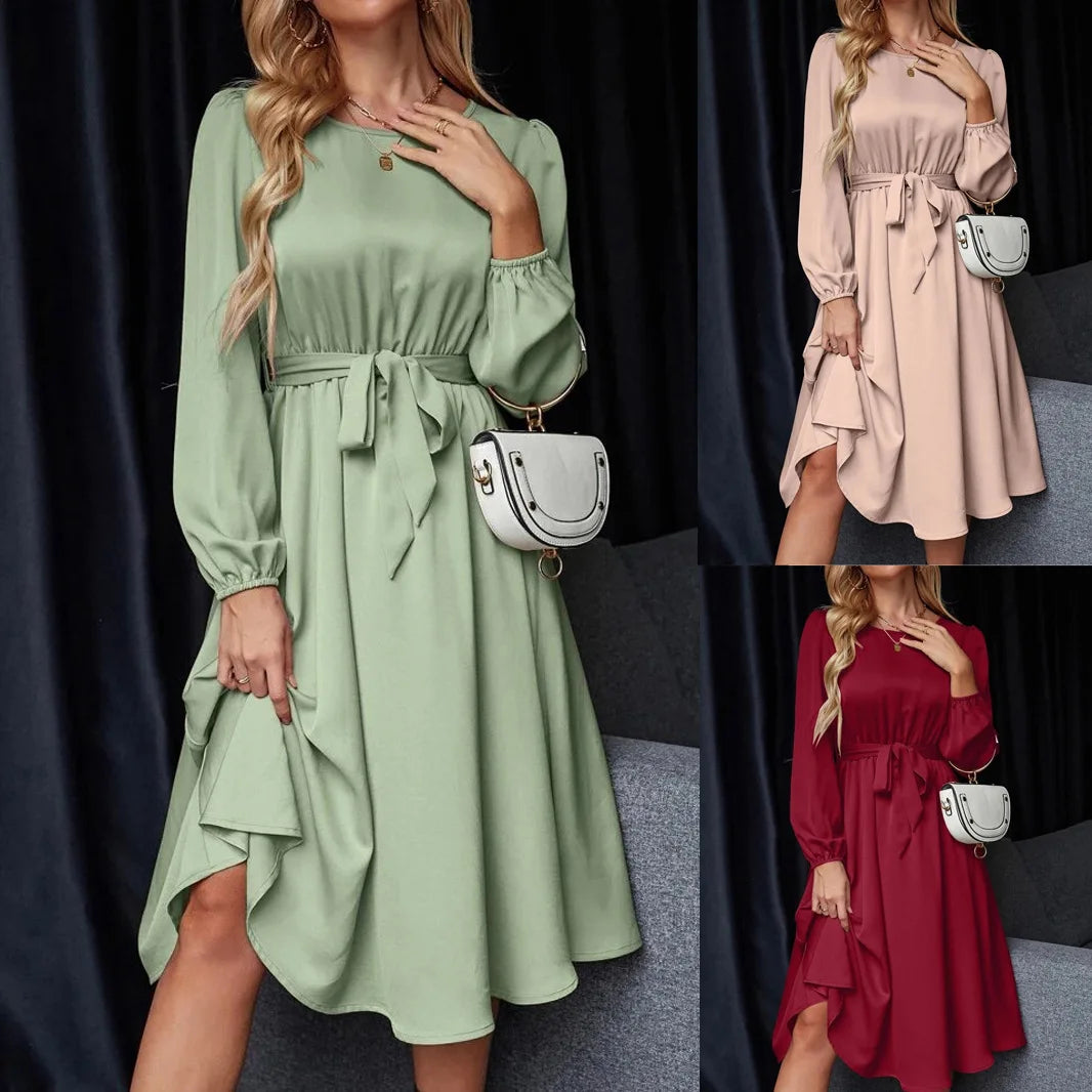 Summer Women's New Fashion Lantern Sleeves Keyhole Back Lace Up Waist Satin Round Neck Long Sleeve Medium Length Dress