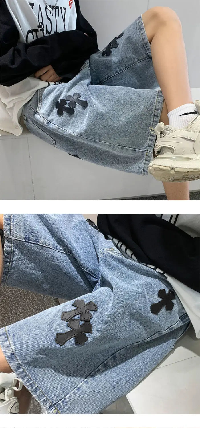 American cross-print denim shorts men's summer thin Hong Kong style loose trousers trendy brand retro casual mid-pants y2k tops