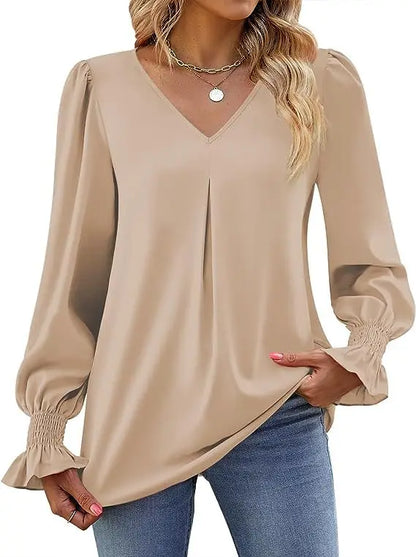 Women's New Solid Color Chiffon Shirt V-neck Pullover Flared Long Sleeved Top Shirt Office Lady Elegant Khaki Loose Blouse