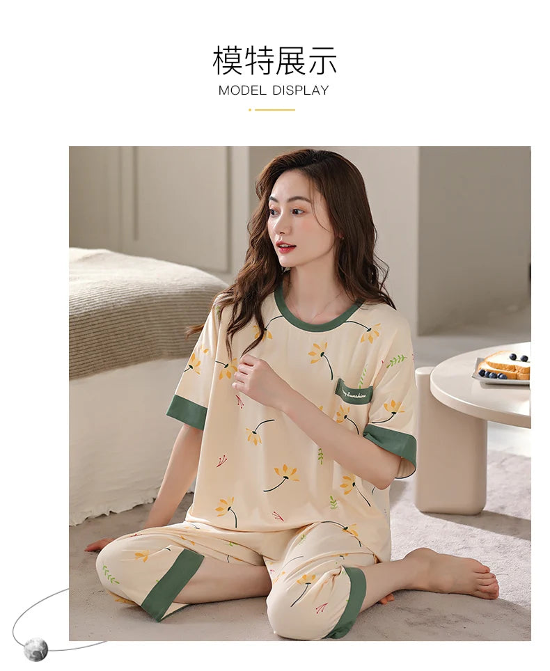 SUKAE M-5XL Cool Modal Woman's Pajamas Summer Plus Size Calf-length Pijamas Casual Knee-length Home suits Women's Capris Sleepwear
