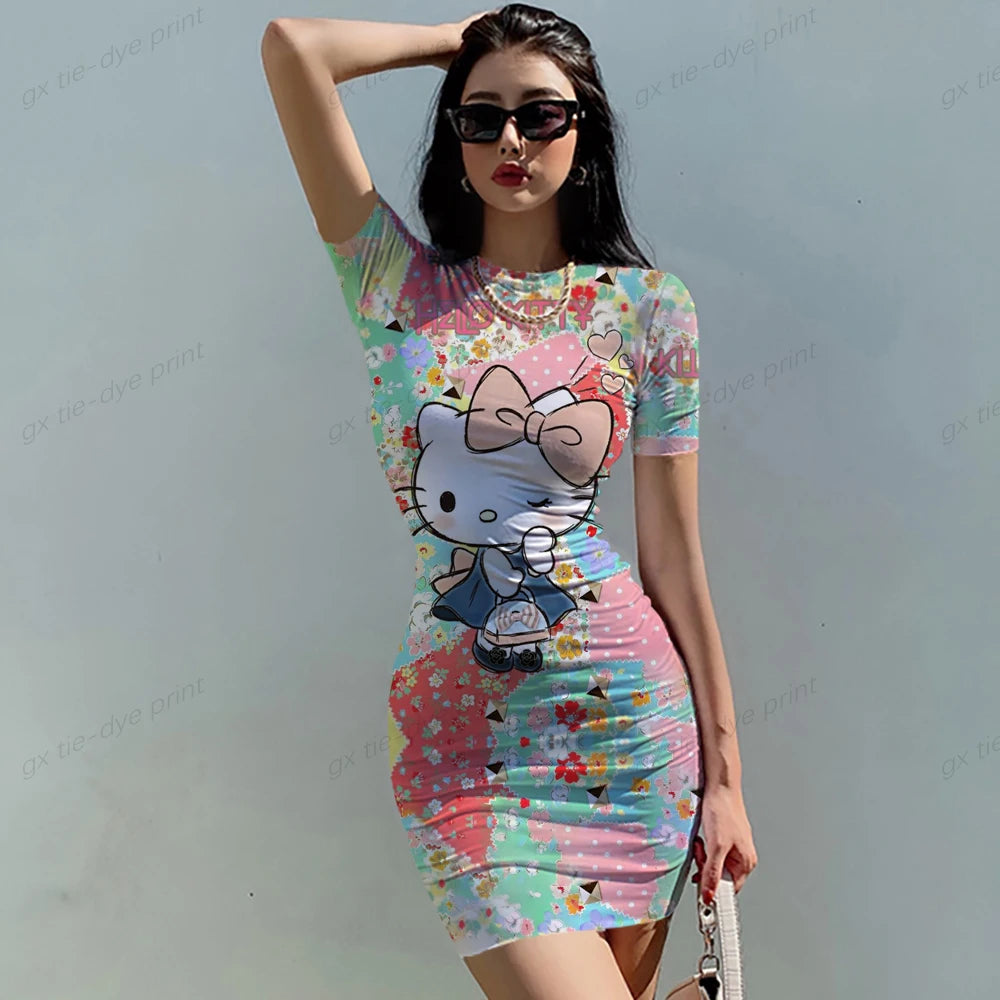 Short Sleeve Bodycon Mini Dress Women Sexy Party Club Evening Birthday Hello Kitty Print Dresses 2025 Spring Summer Wholesale