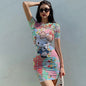 Short Sleeve Bodycon Mini Dress Women Sexy Party Club Evening Birthday Hello Kitty Print Dresses 2025 Spring Summer Wholesale
