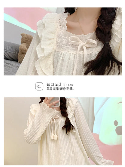 5XL Plus Size Spring Ladies Pajamas Set Princess Style Cotton Soft Sleepwear Square Neck Long-sleeve Trousers suit Household Wear