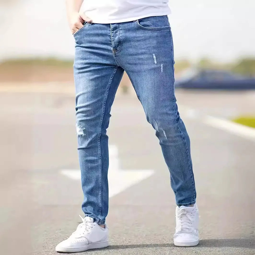 Distressed Men Jeans Denim Holes Skinny Vintage Wash Solid Pencil Pants 2025 Ankle Length Sheath Punk Style Pockets Slim