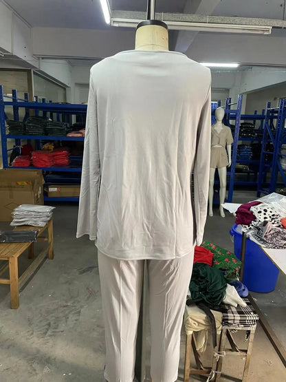Women Elegant Solid Color Two Piece Sets Casual O Neck Pullover Full Sleeve Tops + Pants Suit 2 Piece Set Woman Fashion Outfits
