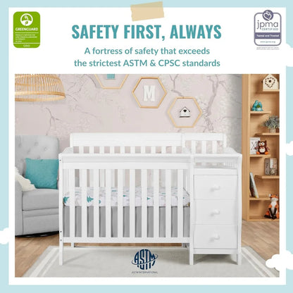 Dream On Me Jayden 4-in-1 Mini Convertible Crib And Changer in White, Greengard Gold Certified, Non-Toxic Finish