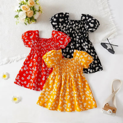 2025 Summer Children Fashion Print Dress Girls Korean Version Style Short Sleeves Small Daisy Dress 0-2Years Baby Princess Dress