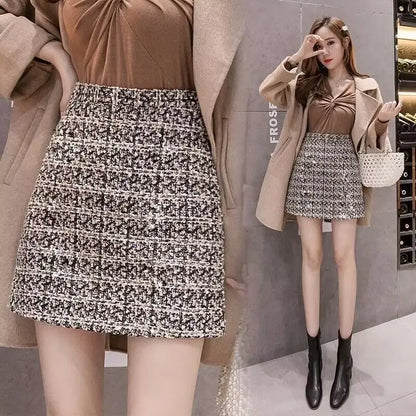 Tweed Skirts for Women Solid High Waist Slimming Skirts Autumn Spring 2025 Buttons Double Breasted Tweed Wool Mini Skirt