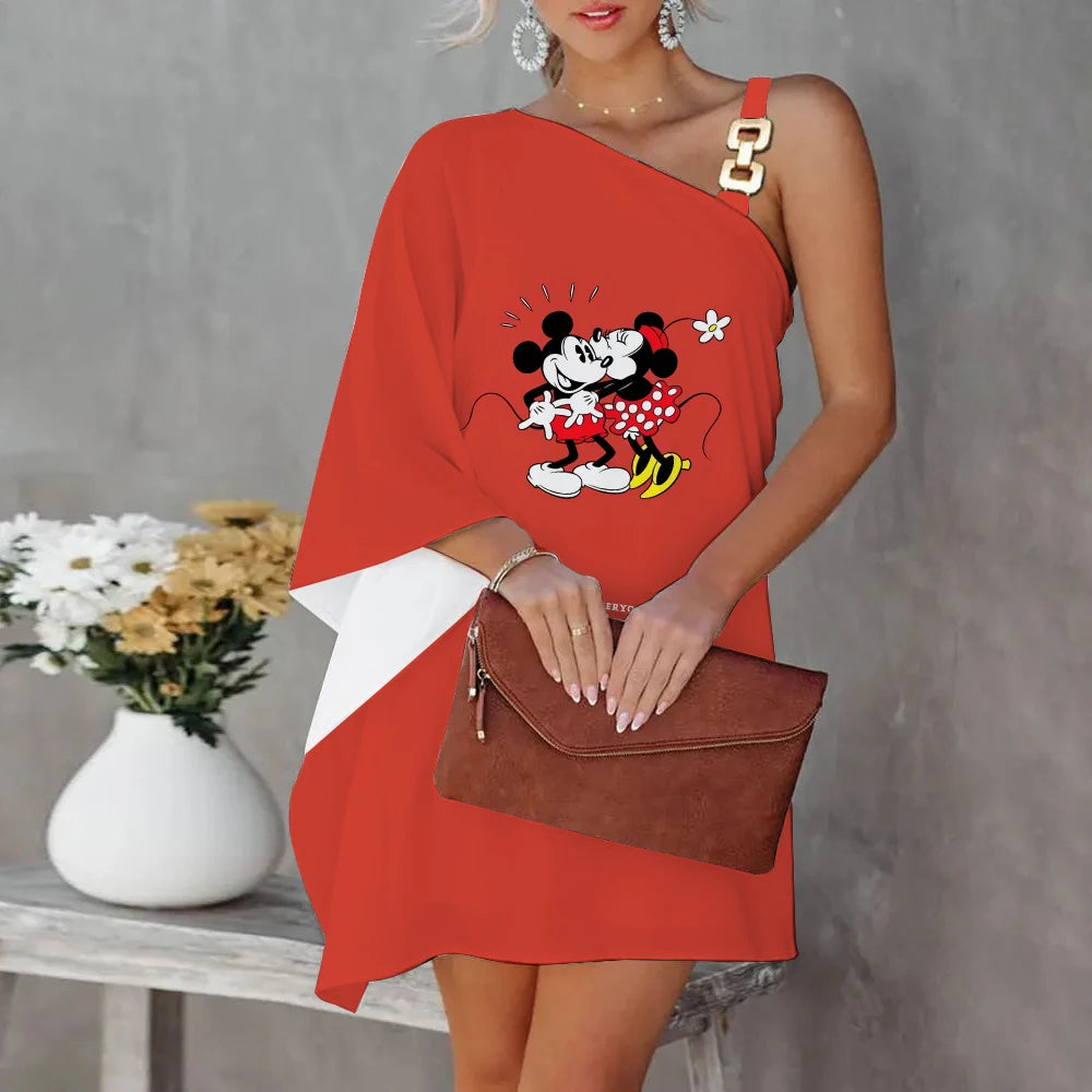Mini Dress Luxury Party Dress Evening Dresses Diagonal Collar One-Shoulder Mickey Elegant Dresses for Women Disney Minnie Mouse