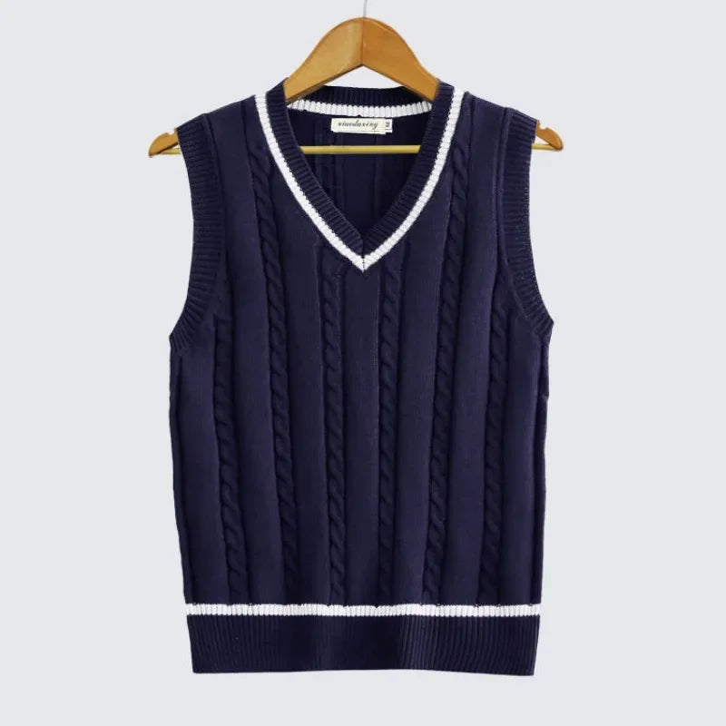 Striped White Knitted Sweaters for Men Blue Sleeveless Man Clothes V Neck Vest Red Waistcoat Jumpers Sweat-shirt Cotton