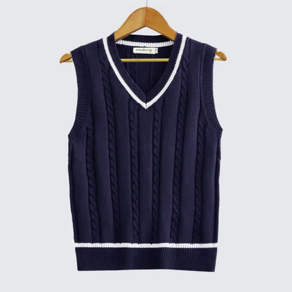 Striped White Knitted Sweaters for Men Blue Sleeveless Man Clothes V Neck Vest Red Waistcoat Jumpers Sweat-shirt Cotton