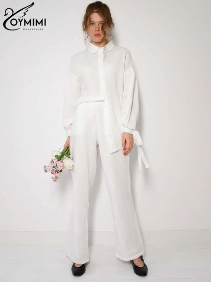 Oymimi Fashion Brown Print Two Piece Set For Women Elegant V-Neck Long Sleeve Lace-Up Shirts And Straight Full Length Pants Sets