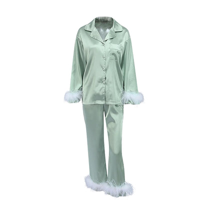Women Spring Fall Soft Pajamas Sets Fur Feather Trim Long Sleeve Button Satin Silk Shirts Pants Loungewear Sleepwear Home wear