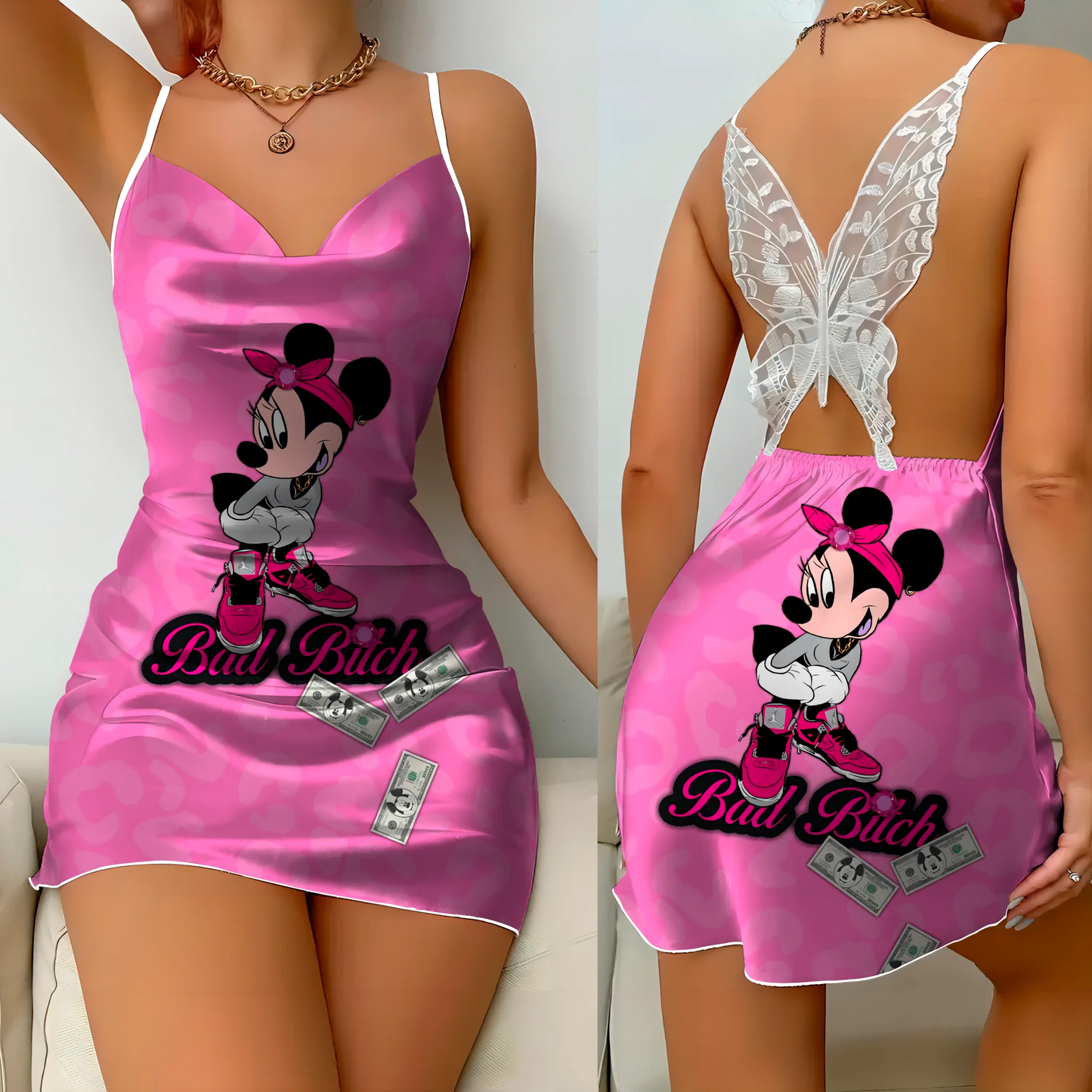Mini Dress Pajama Skirt Bow Knot Party Dresses Satin Surface Minnie Mouse Disney Mickey Women's Fashion Summer 2025 Elegant Women