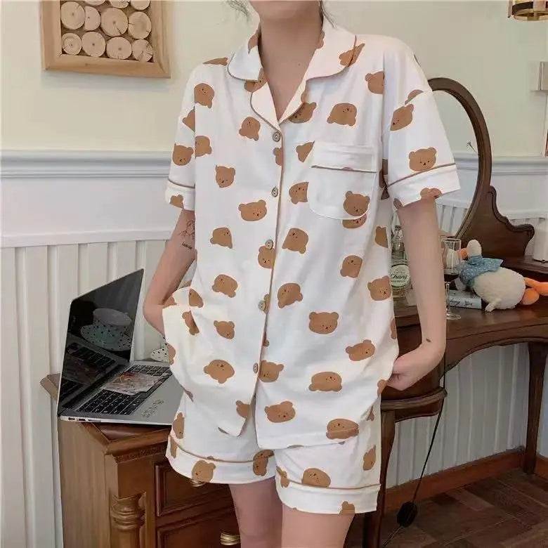 New Women Sleepwear Cartoon Pajamas Female Short  Pants Short Sleeved Summer Spring Loungewear Fashion Home Clothing Home wear