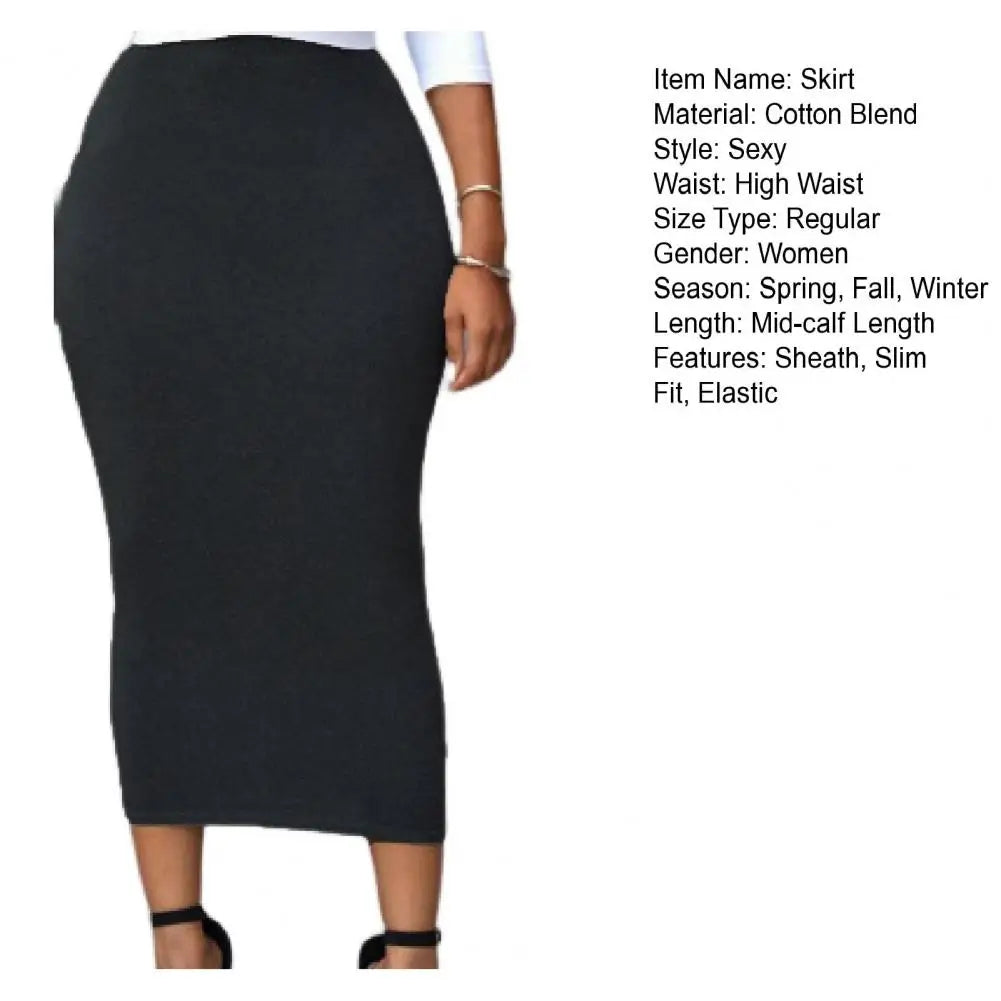 Women Skirt Solid Color Elastic Bodycon High Waist Dating Skirt Match Top Comfortable Mid-calf Length Sheath Skirt Women Garment