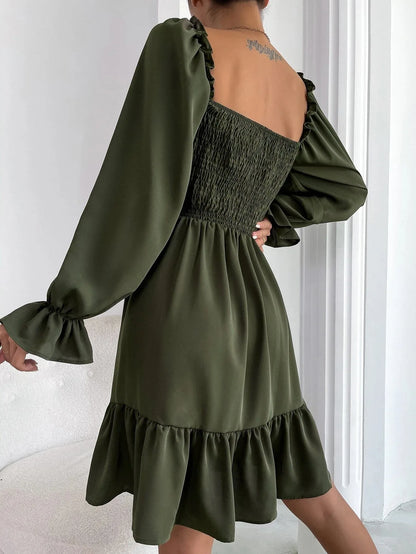 Women's Dress Simple Square Neck Solid Color Long Sleeve Dress Parallel Crepe Seam Body Bell Sleeves Ruffle Hem Dress Women